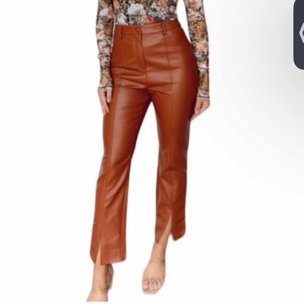 Lane‎ 201 Bronzed Broadway Vegan Leather Pant Brown Straight Leg Split Hem, M